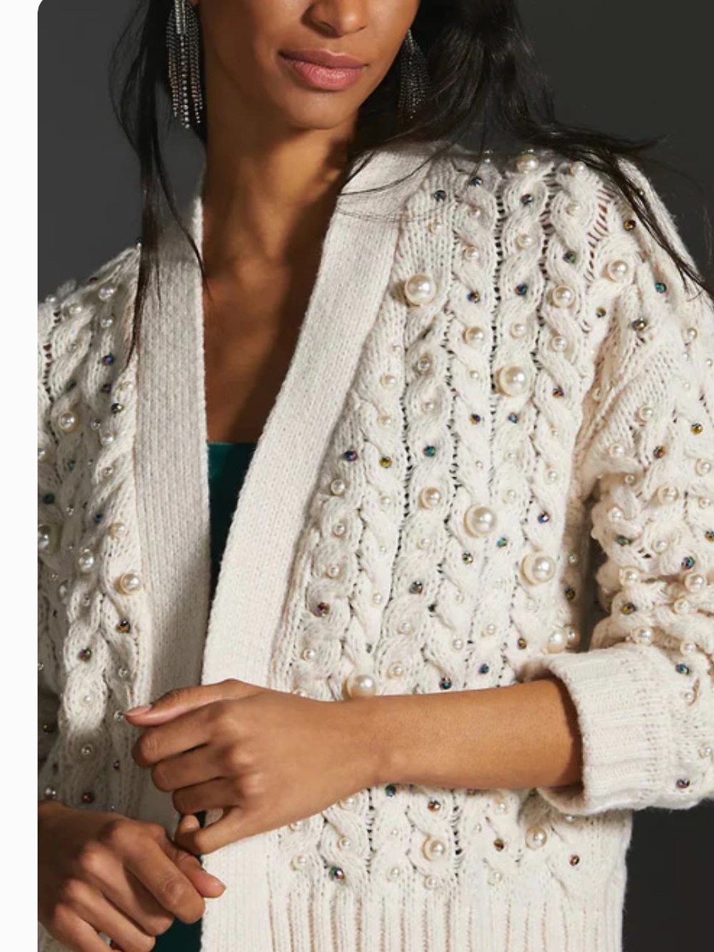 Chelsea & Theodore Pearl-Embellished Cream Cable Knit Cardigan Size Medium